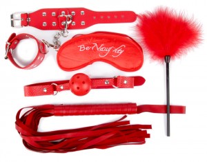 ЕК 80332 NTB КОМПЛЕКТ наручники, маска, кляп, плеть, щекоталка с пухом цвет красный, PVC, текстиль